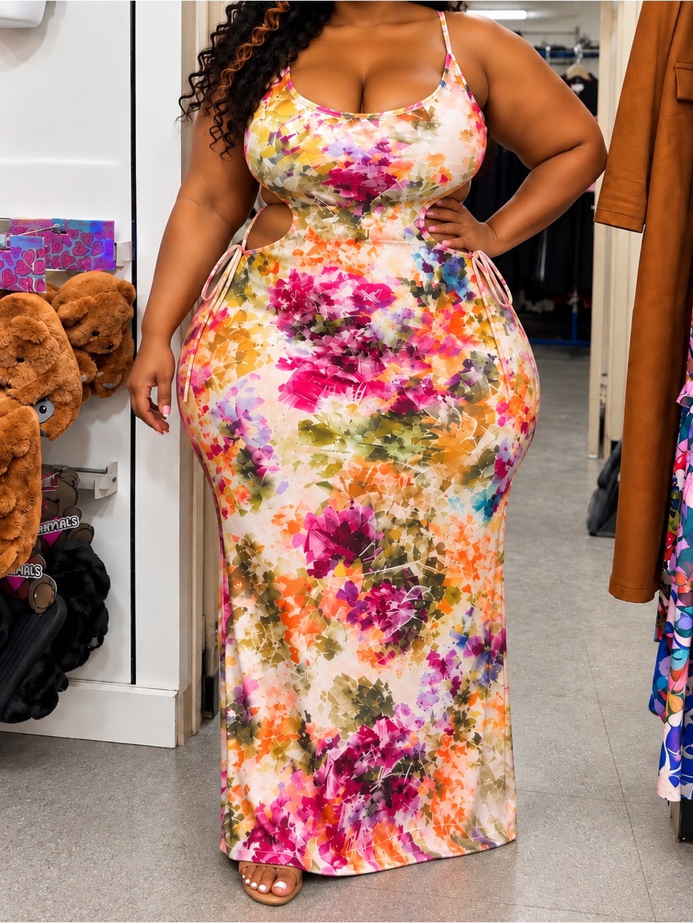 Floral Cutout Maxi Dress - Pink, Orange, Green